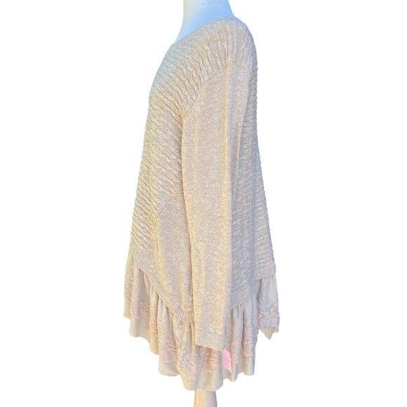 Womens Beige Layered Knit Sweater With Lace Peplum Trim Simply Couture XL - Picture 5 of 9